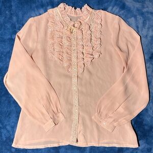 Vintage Y2K Baby Pink Mesh Button-Up Top